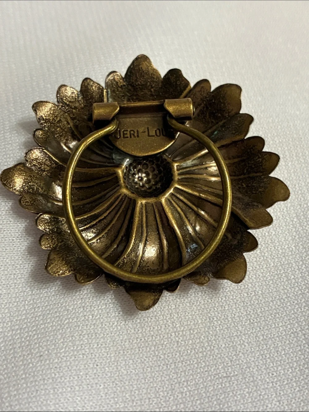 Vintage Jeri Lou Brass Flower Brooch with Coral Pink Cabochon
